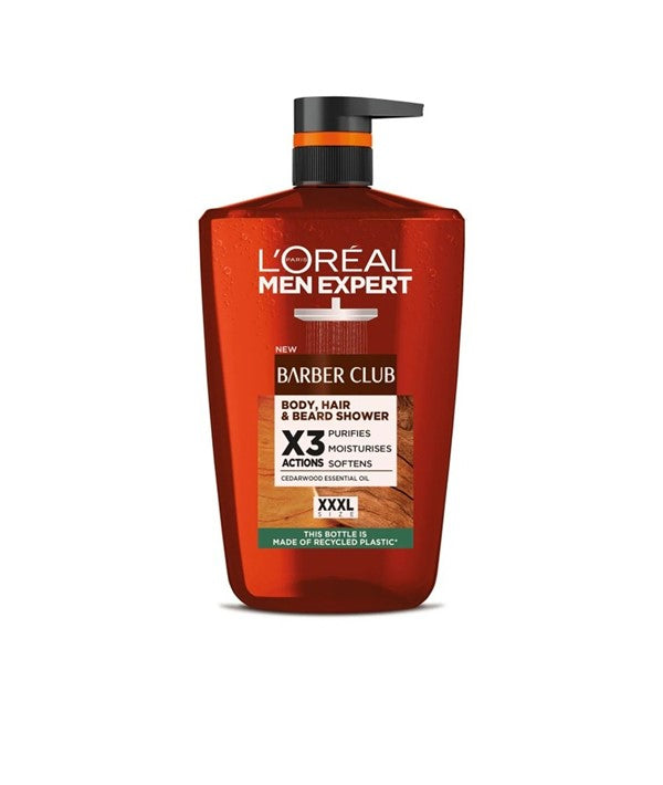 Loreal Men Expert Barber Club X3 Body Hair and Beard Shower Gel in a 1L bottle, designed for cleansing body hair and beard.