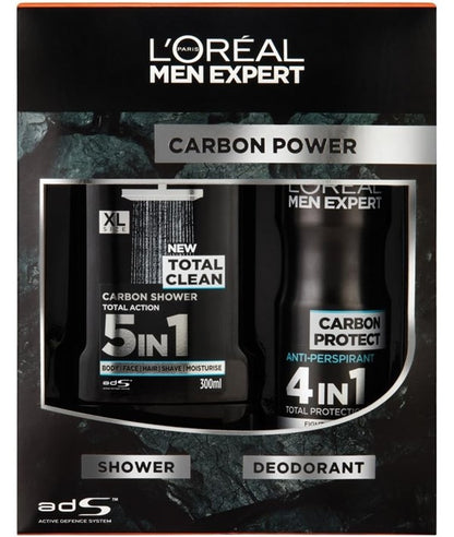 Loreal Men Expert Carbon Protect Duo Gift Set featuring skincare products in black packaging for men&