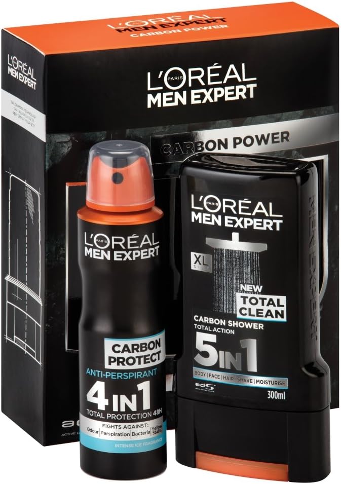Loreal Men Expert Carbon Protect Duo Gift Set with skincare products in black packaging, including face wash and moisturizer.