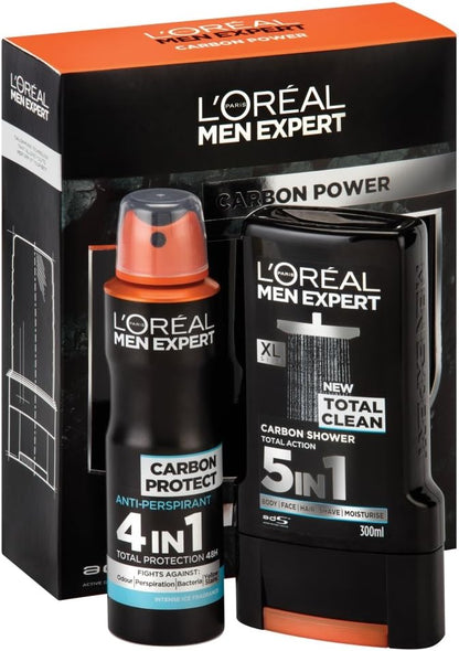 Loreal Men Expert Carbon Protect Duo Gift Set with skincare products in black packaging, including face wash and moisturizer.