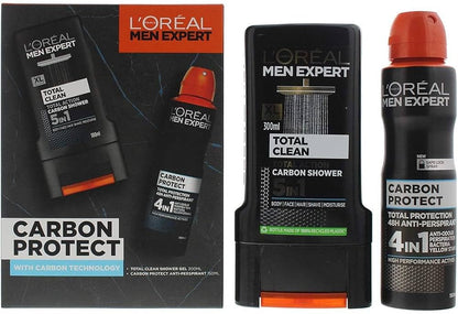 Loreal Men Expert Carbon Protect Duo Gift Set with skincare products in black packaging for men&