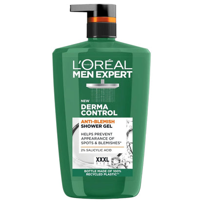 Loreal Men Expert Derma Control anti-blemish shower gel in 1000ml bottle, designed for deep cleansing and skin clarity.