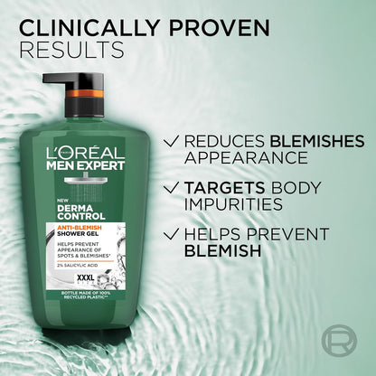 Loreal Men Expert Derma Control anti-blemish shower gel in a 1000ml bottle, designed for deep cleansing and skin control.