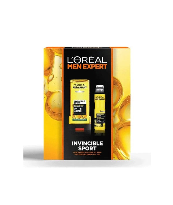 Loreal Men Expert Invincible Sport skincare gift set with two products, featuring blue and white packaging for men&
