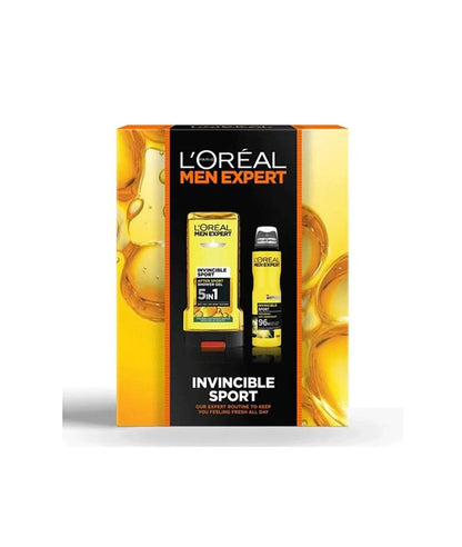 Loreal Men Expert Invincible Sport skincare gift set with two products, featuring blue and white packaging for men&