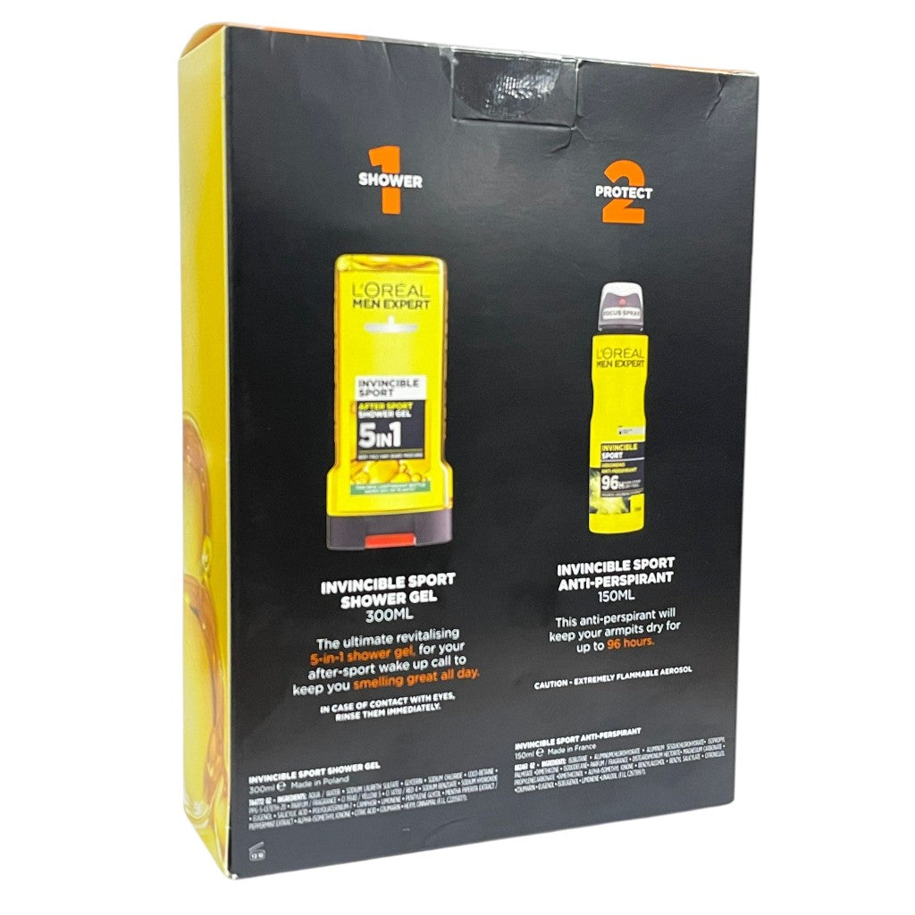 Loreal Men Expert Invincible Sport skincare gift set with two products in sleek packaging for men&