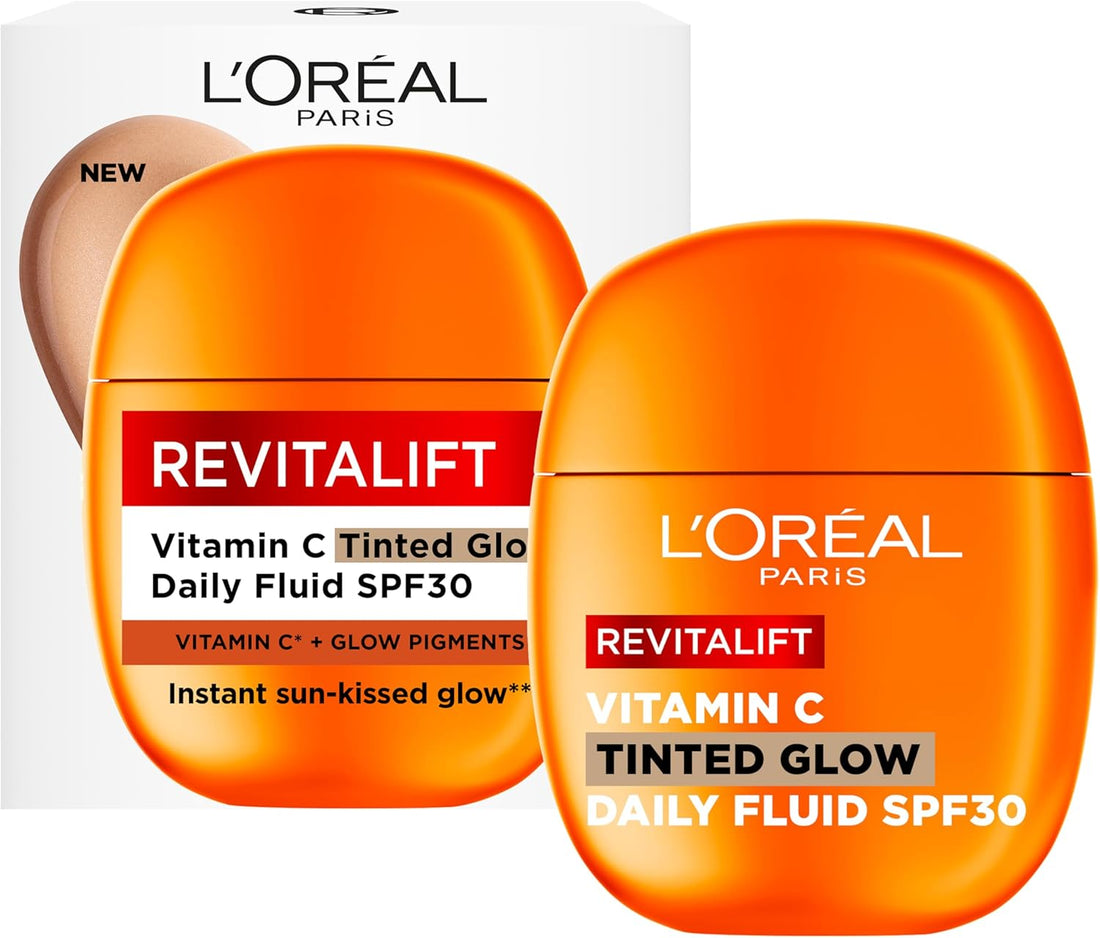 Loreal Revitalift Vitamin C Tinted Glow Daily Moisturizer with SPF 30, 40ml, featuring a luminous tinted formula for glowing skin.