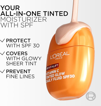 Loreal Revitalift Vitamin C Tinted Glow Daily Moisturizer with SPF30, 40ml, showcasing the tinted formula in a sleek bottle.