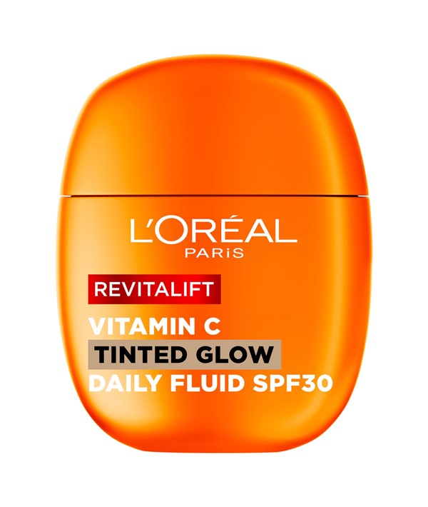 Loreal Revitalift Vitamin C Tinted Glow Daily Fluid SPF30 moisturizer in 40ml bottle, featuring a tinted, glowing finish.