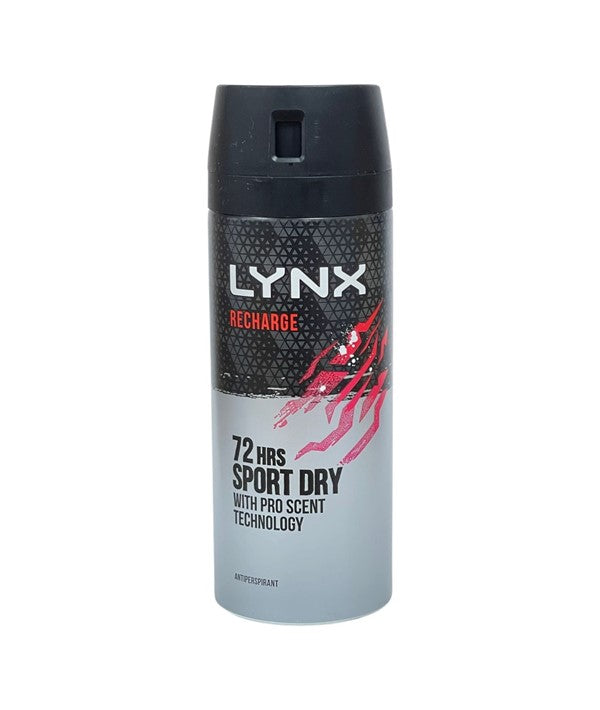 Lynx Recharge Sport dry deodorant body spray bottle, 150ml, in a sleek design, for active and fresh body care.