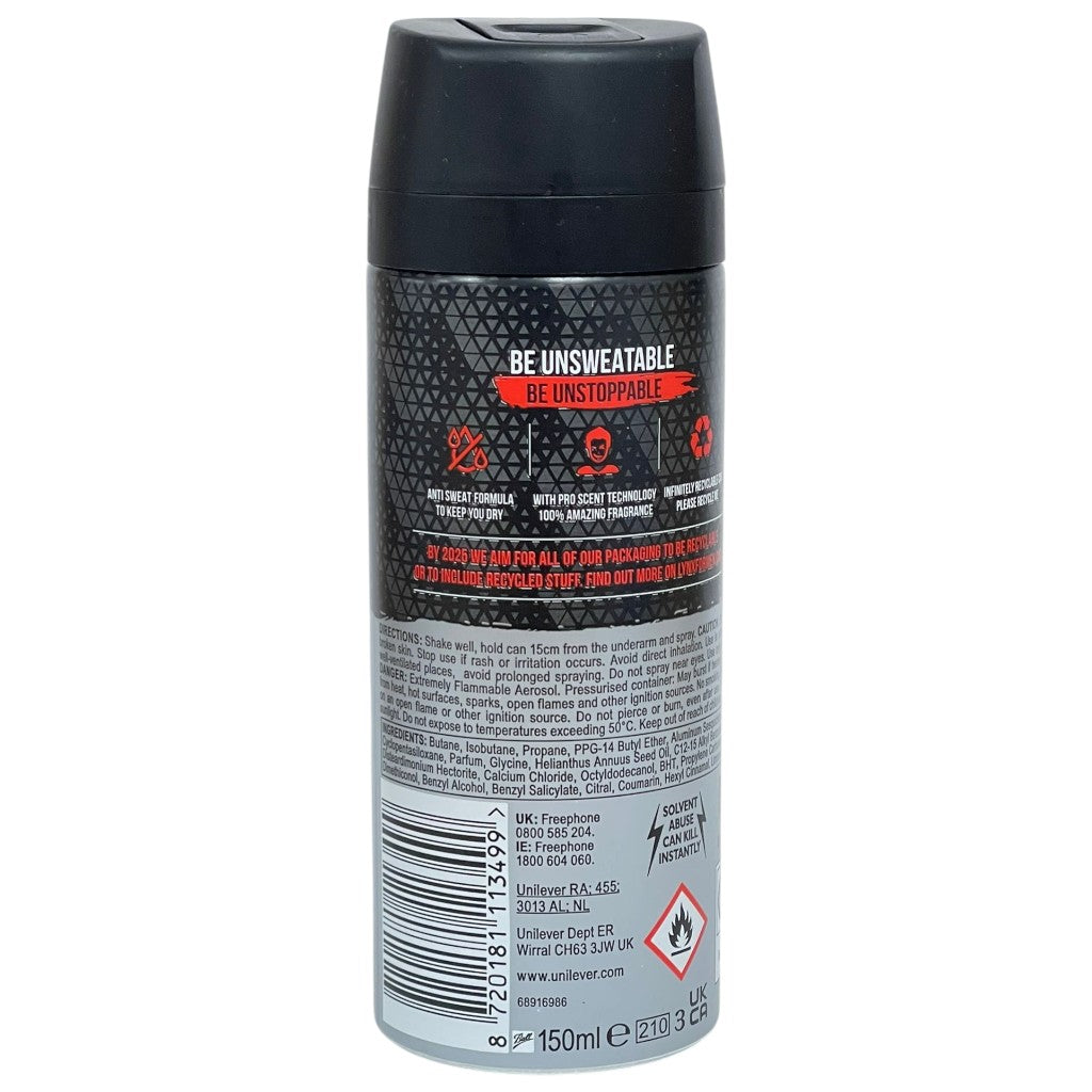 Lynx Recharge Sport dry deodorant body spray bottle, 150ml, with sleek blue design, for fresh and dry skin protection.