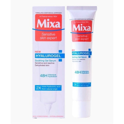 Mixa Sensitive Skin Expert Hyalurogel soothing gel serum in a clear jar with a pump, designed for gentle hydration and skin soothing.