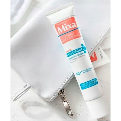 Mixa Sensitive Skin Hyalurogel Soothing Gel Serum in a clear jar, featuring a light, hydrating moisturizer for sensitive skin.