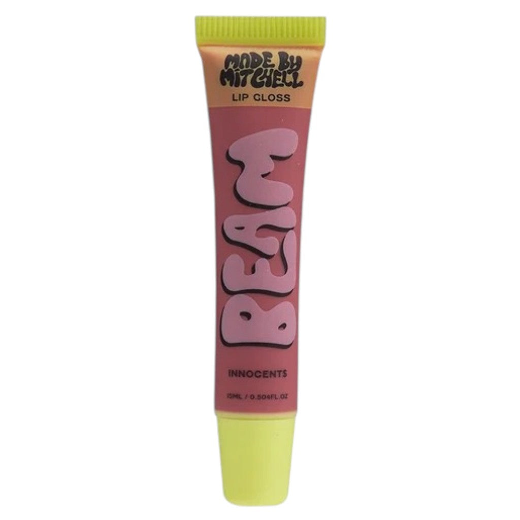 Made By Mitchell Beam Lip Gloss showing a clear tube with shiny, shimmering lip gloss inside, perfect for lip makeup.