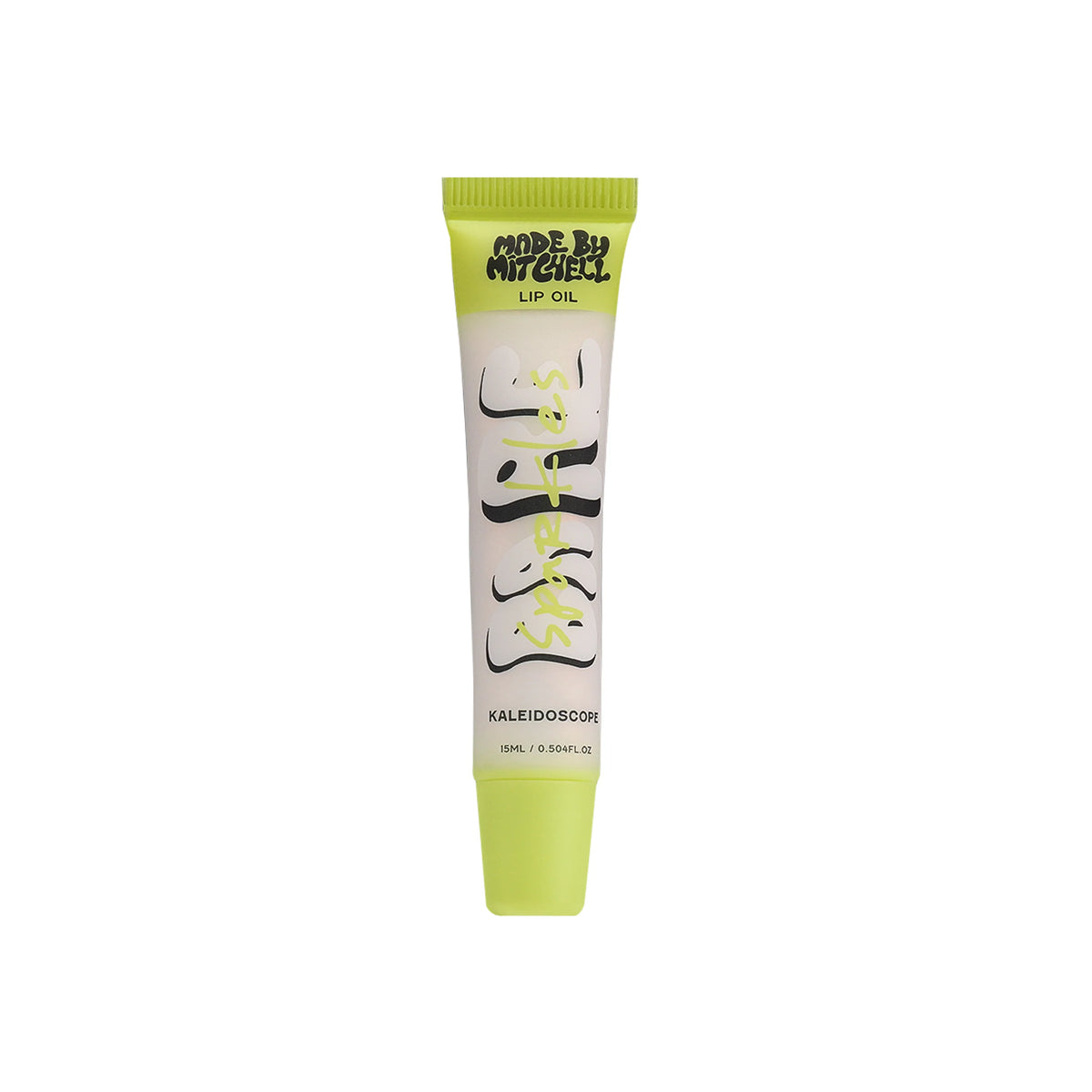 Made By Mitchell Bare Lip Oil in Kaleidoscope packaging, lip care product tube and applicator