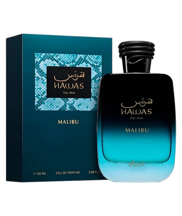 Rasasi Malibu Hawas For Him Eau De Parfum bottle with sleek design and navy blue accents, showcasing the men&