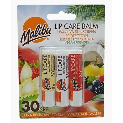 Malibu Lip Care Balm Trio Strawberry Vanilla And Tropical SPF30
