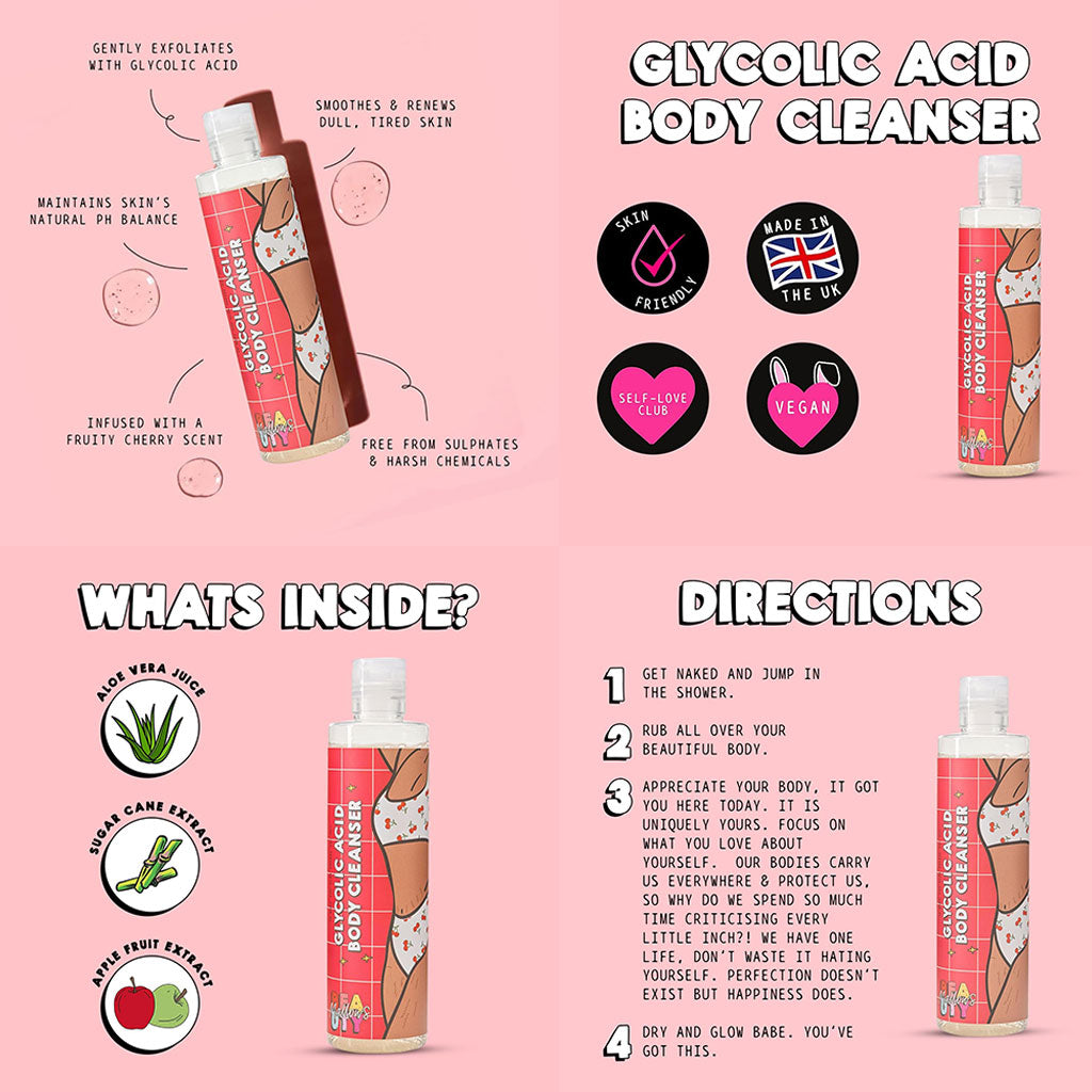 Mallows Beauty Glycolic Acid Body Cleanser in a pump bottle, shown in a bathroom setting, for smooth, refreshed skin.