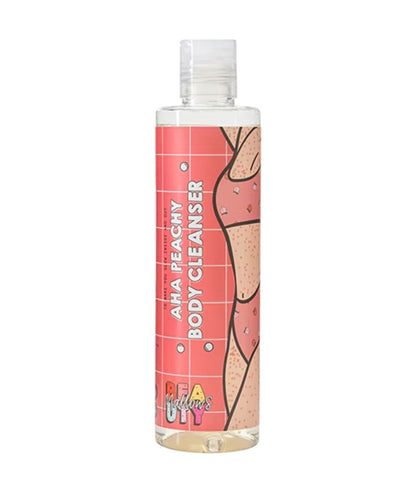 Mallows Beauty Peachy AHA Body Cleanser in a pump bottle, designed for bath and shower use, with peach-colored liquid visible.