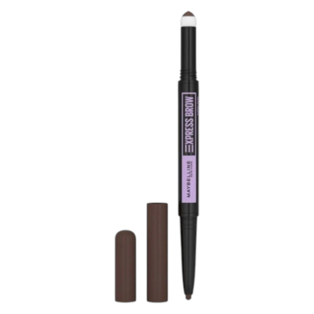 Maybelline Express Brow Duo 2-in-1 pencil and pen for shaping and filling brows, with a dual-tip design and brow-enhancing product.