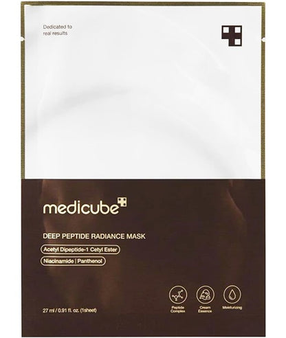 Medicube Deep Peptide Radiance Mask in a 27ml container, showcasing its sleek packaging and vibrant design.