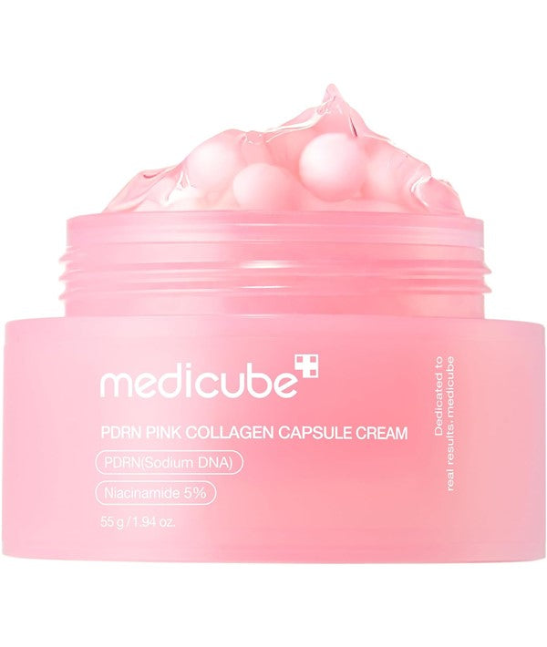 Medicube PDRN Pink Collagen Capsule Cream in a jar, showcasing capsules for hydration and skin rejuvenation.