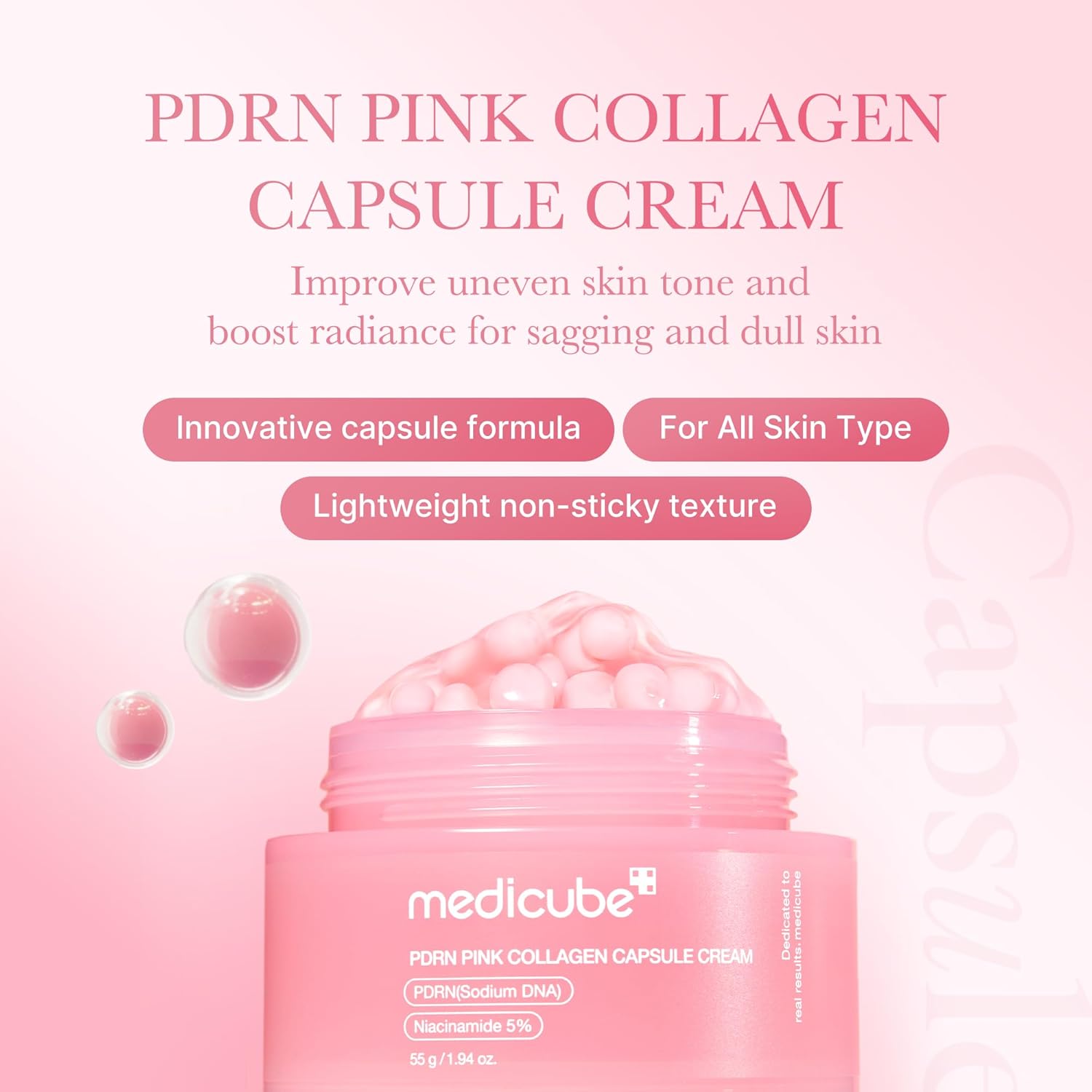 Medicube PDRN Pink Collagen Capsule Cream in a jar, showcasing its gel-like texture and pink collagen capsules.