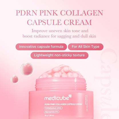 Medicube PDRN Pink Collagen Capsule Cream in a jar, showcasing its gel-like texture and pink collagen capsules.