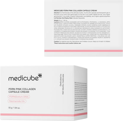 Medicube PDRN Pink Collagen Capsule Cream in a jar, showcasing smooth cream texture and pink collagen capsules.