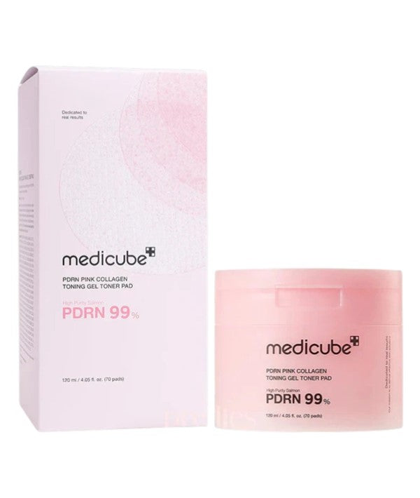 Medicube PDRN Pink Collagen Toning Gel Toner Pad for K-beauty skincare, showing a close-up of the toner pad with pink accents.