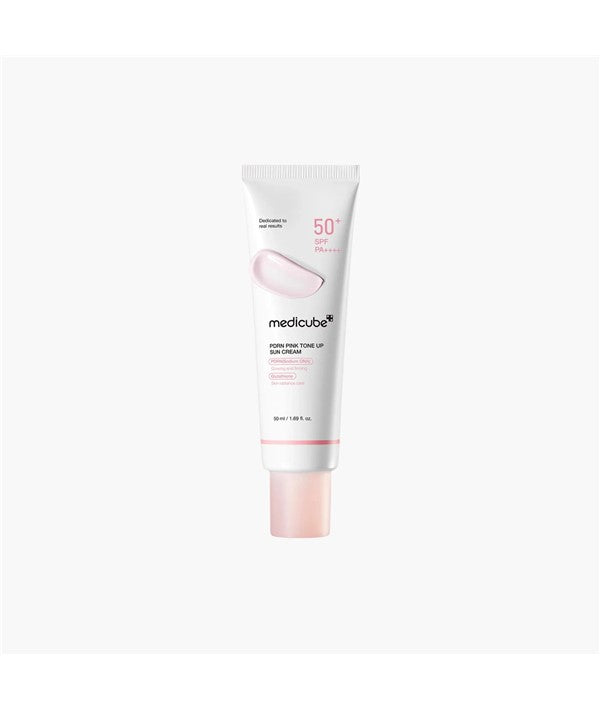 Medicube PDRN Pink Tone Up Sun Cream in a 50ml tube, K-beauty moisturizer with pink tone-up and sun protection features.