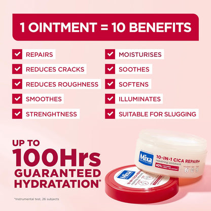 Mixa 10-in-1 Cica Repair Plus moisturizing ointment in a 150ml tube, designed for skin repair and hydration.