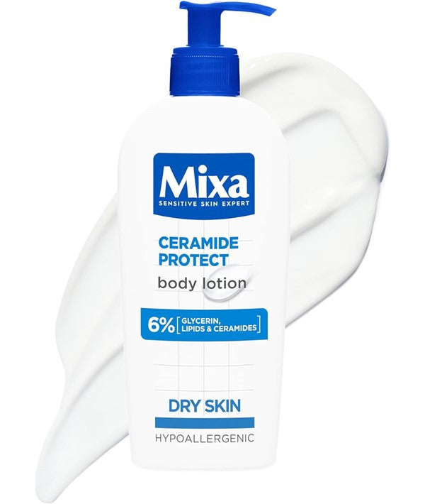 Mixa Ceramide Protect Body Lotion bottle with pump dispenser, showcasing the nourishing body care formula for sensitive skin.