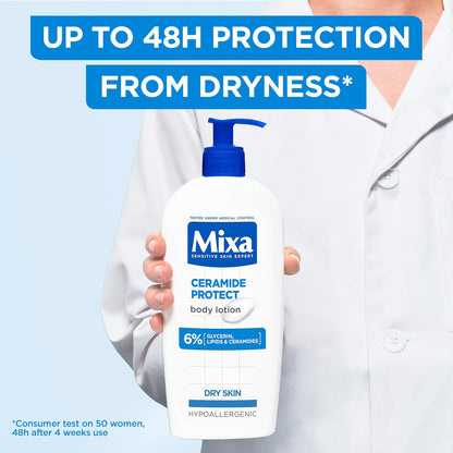 Mixa Ceramide Protect Body Lotion bottle with white pump dispenser and blue label, on a clean white background.