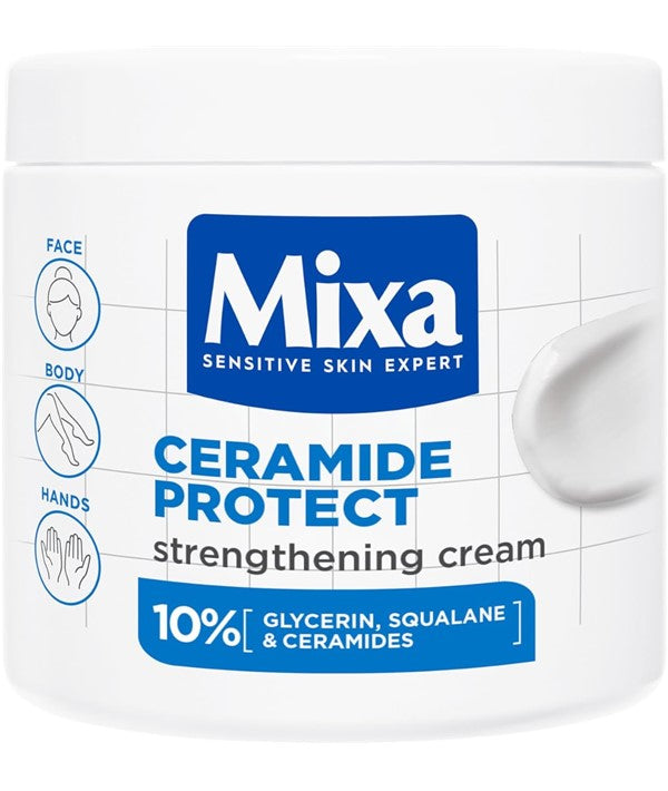 Mixa Ceramide Protect Strengthening Cream in a 400ml jar, showcasing the moisturizing cream with a clean, simple label design.