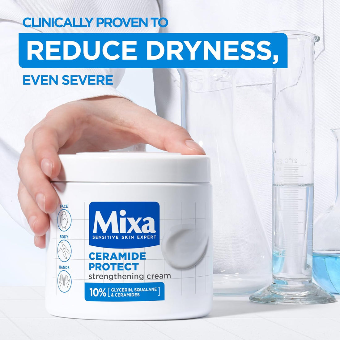 Mixa Ceramide Protect Strengthening Cream in a 400ml jar, showing the creamy moisturizer with a smooth texture and label.