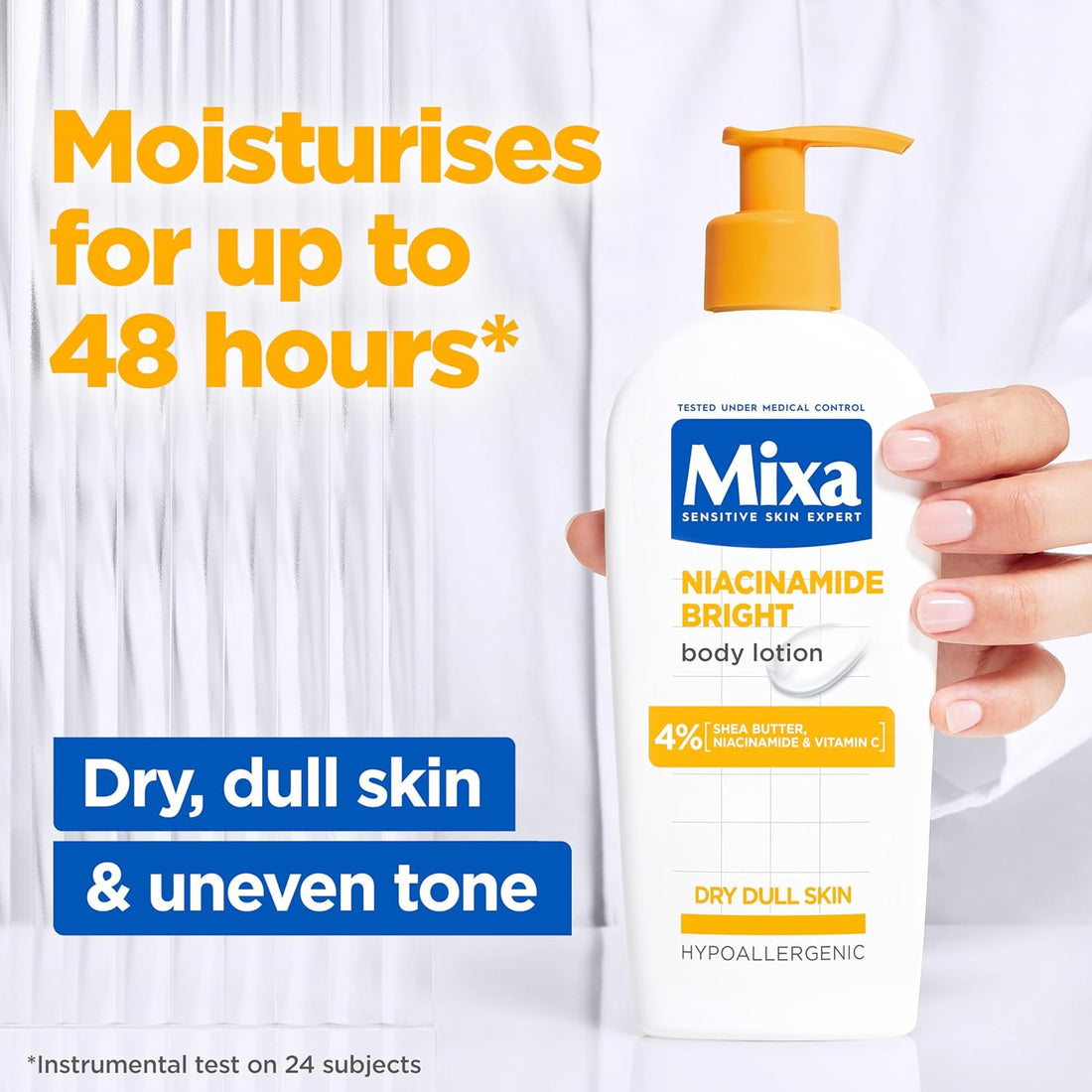 Mixa Niacinamide Bright Body Lotion in 250ml bottle, smooth and hydrating body care product with brightening properties