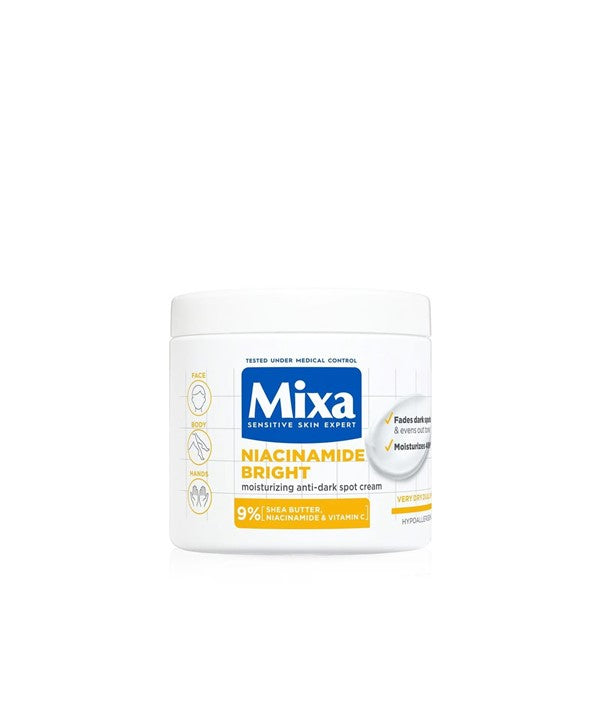Mixa Niacinamide Bright Moisturizing Anti-Dark Spot Cream in 400ml jar, hydrating skin with luminous glow and dark spot reduction.