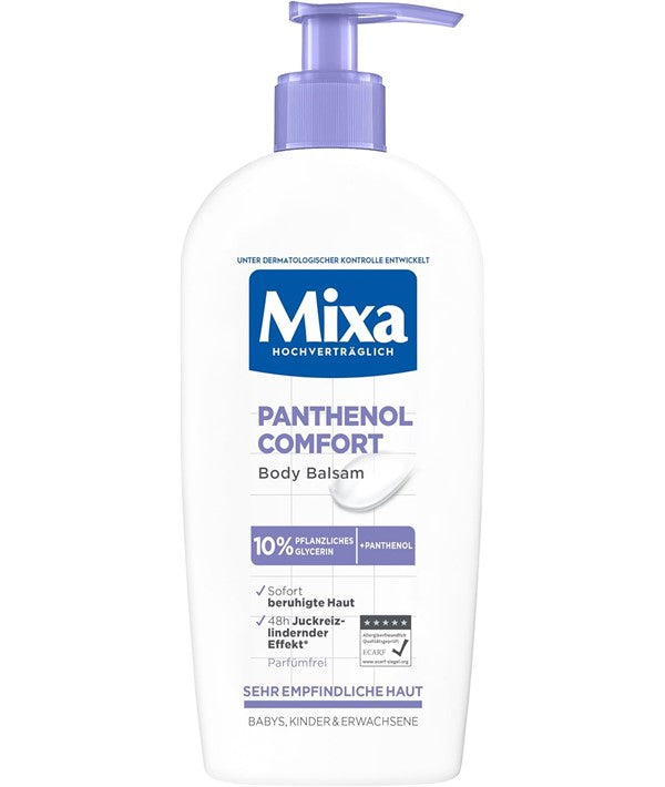 Mixa Panthenol Comfort Body Balm in 400ml container, soothing and nourishing body care product with gentle formula