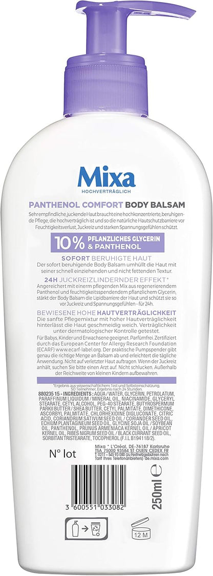 Mixa Panthenol Comfort Body Balm in 400ml bottle, soothing and moisturizing body care product with creamy texture