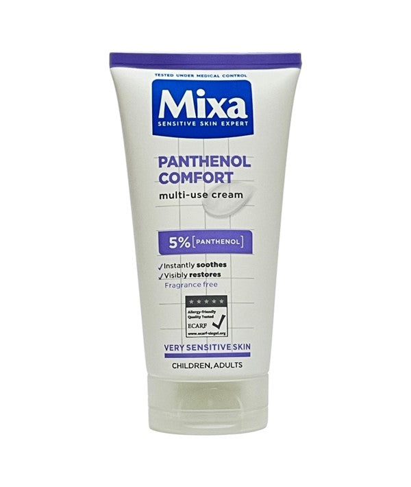 Mixa Panthenol Comfort Multi Use Cream jar showing the moisturizing cream with a white and blue label for skin hydration