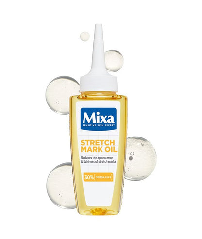 Mixa Stretch Mark Oil in 100ml bottle, targeted skin solution for reducing stretch marks, with natural plant-based ingredients.