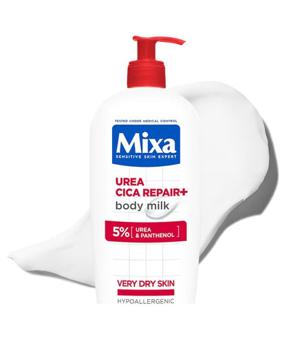 Mixa Urea Cica Repair Plus Body Milk bottle showing 400ml size, designed for nourishing and repairing dry skin.