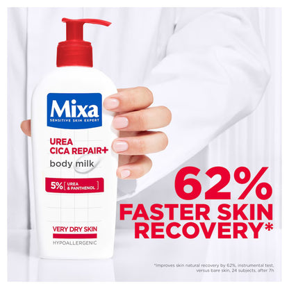Mixa Urea Cica Repair Plus Body Milk in 400ml bottle, moisturizing body care product with soothing and repairing properties.