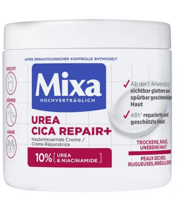 Mixa Urea Cica Repair Plus moisturizing cream in a 400ml jar, designed to renew and hydrate sensitive skin.