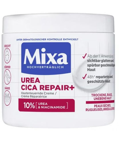 Mixa Urea Cica Repair Plus moisturizing cream in a 400ml jar, designed to renew and hydrate sensitive skin.