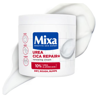 Mixa Urea Cica Repair Plus renewing moisturizer in a 400ml jar, with creamy texture and label showing product details.