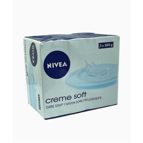 Nivea Creme Soft Soap pack of three bath and shower soap bars with creamy lather, designed for gentle skin cleansing.