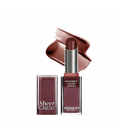 NICKA K NEWYORK Sheer Glaze buildable color lipstick with smooth, shiny finish, displayed in a sleek lipstick tube.