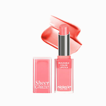 Nicka K New York Sheer Glaze buildable color lipstick in a sleek tube, showcasing the smooth, tinted lipstick application.